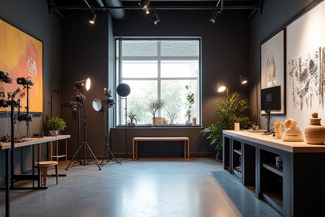 Modern and artistic interior of Prakasha Studio with photography equipment
