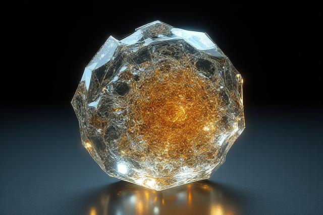 A digitally rendered 3D model of a complex glass sculpture, showcasing intricate details and reflections.