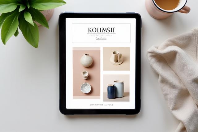 A digital catalog displayed on a tablet, showing high-quality product images of ceramics.