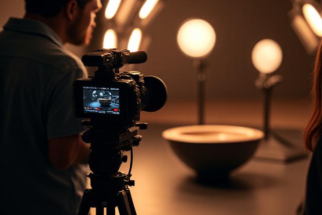 A video camera set up in a professional studio, filming a beautifully crafted ceramic bowl with cinematic lighting.