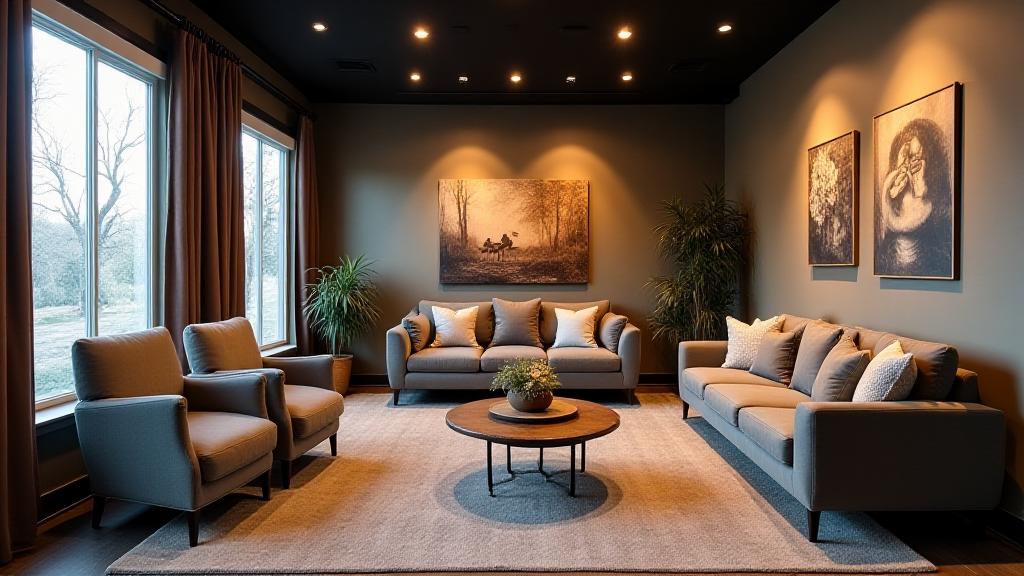 Comfortable and modern client lounge area with subdued lighting