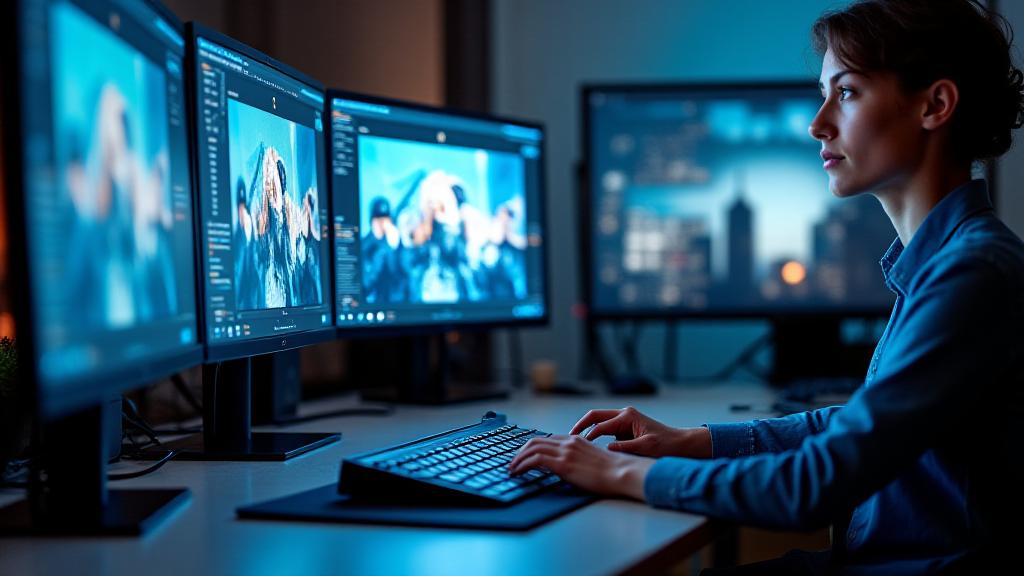 Modern post-production workstation with multiple monitors and professional software